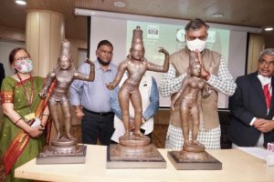 Culture Minister Prahlad Singh Patel hands over Bronze idols of Lord Rama, Lakshmana and Goddess Sita dating back to 13th Century, to Tamil Nadu Idol Wing