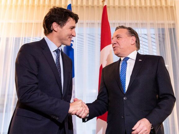 PM Justin Trudeau, Dy. PM Chrystia Freeland, and Leader of the Government in the House of Commons and Quebec Lieutenant Pablo Rodriguez meet with Quebec Premier François Legault